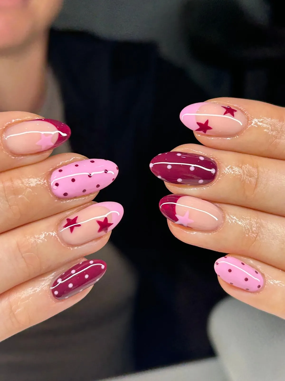 Pink and burgundy polka dots with stars