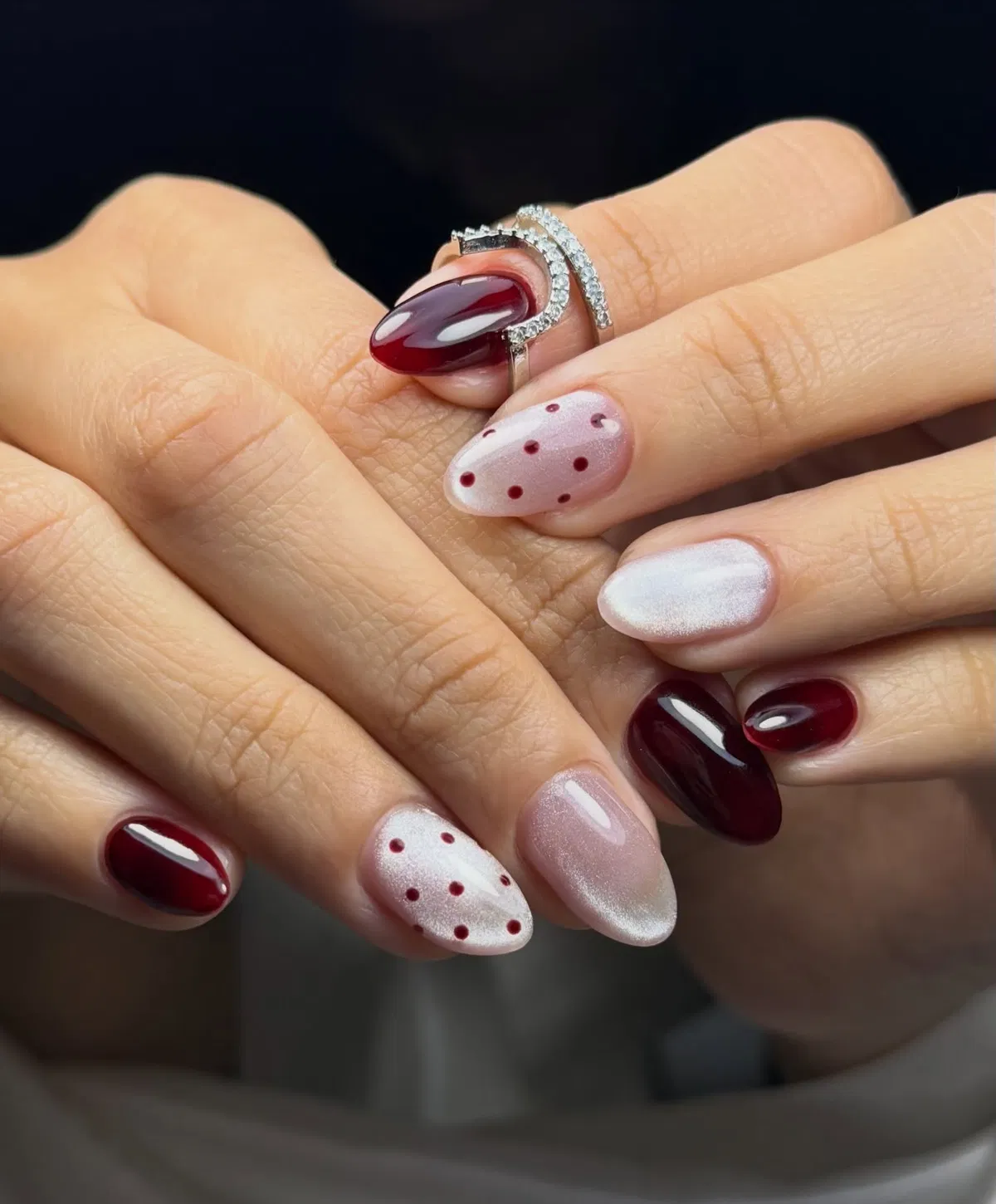 Burgundy solids with a shimmery polka-dot accent