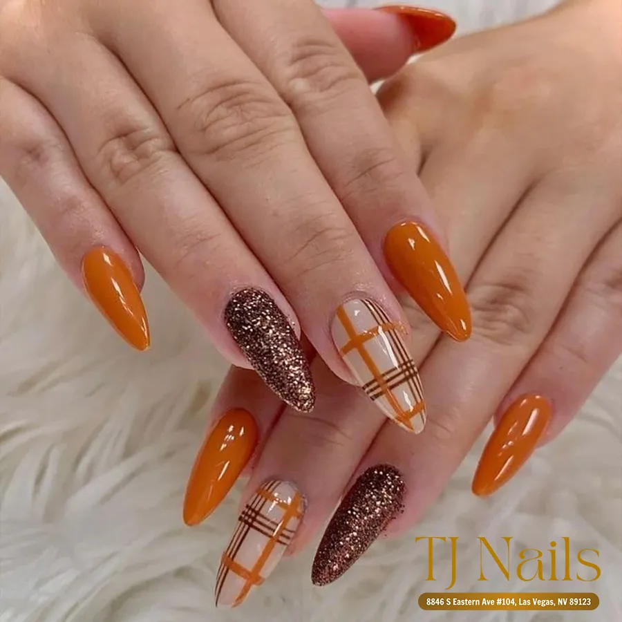 Burnt orange with glitter and plaid accents