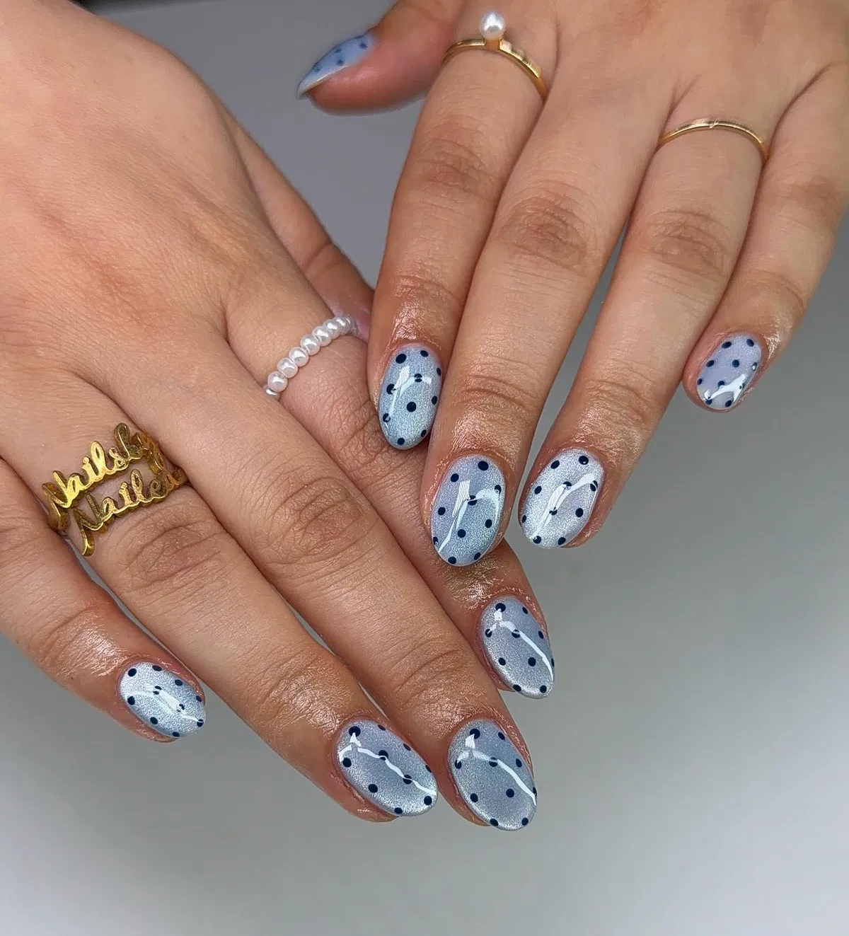 Grey-blue shimmer with dotted accent nails