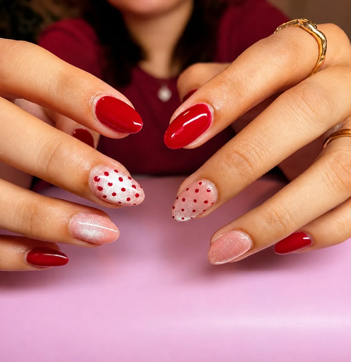 Green French tips with white polka dots