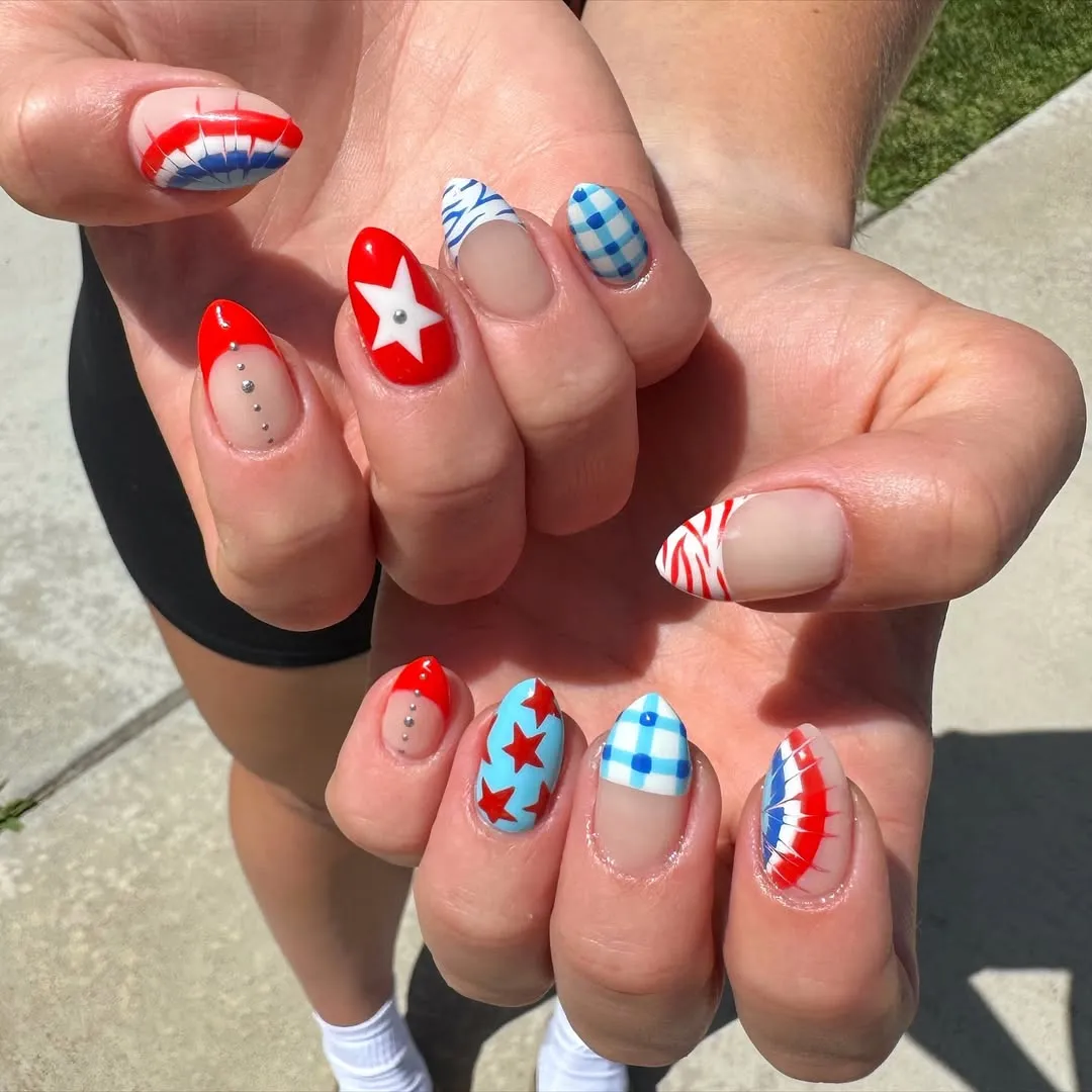 Gingham Tips, Red French, and Star Accents