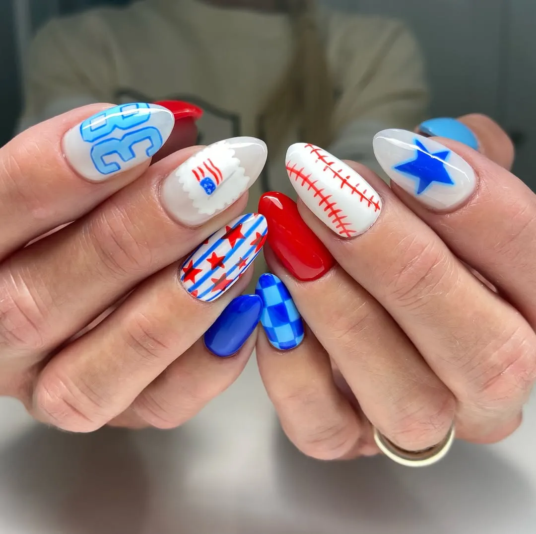 Sporty graphics with numbers, stitching, stars, and checks