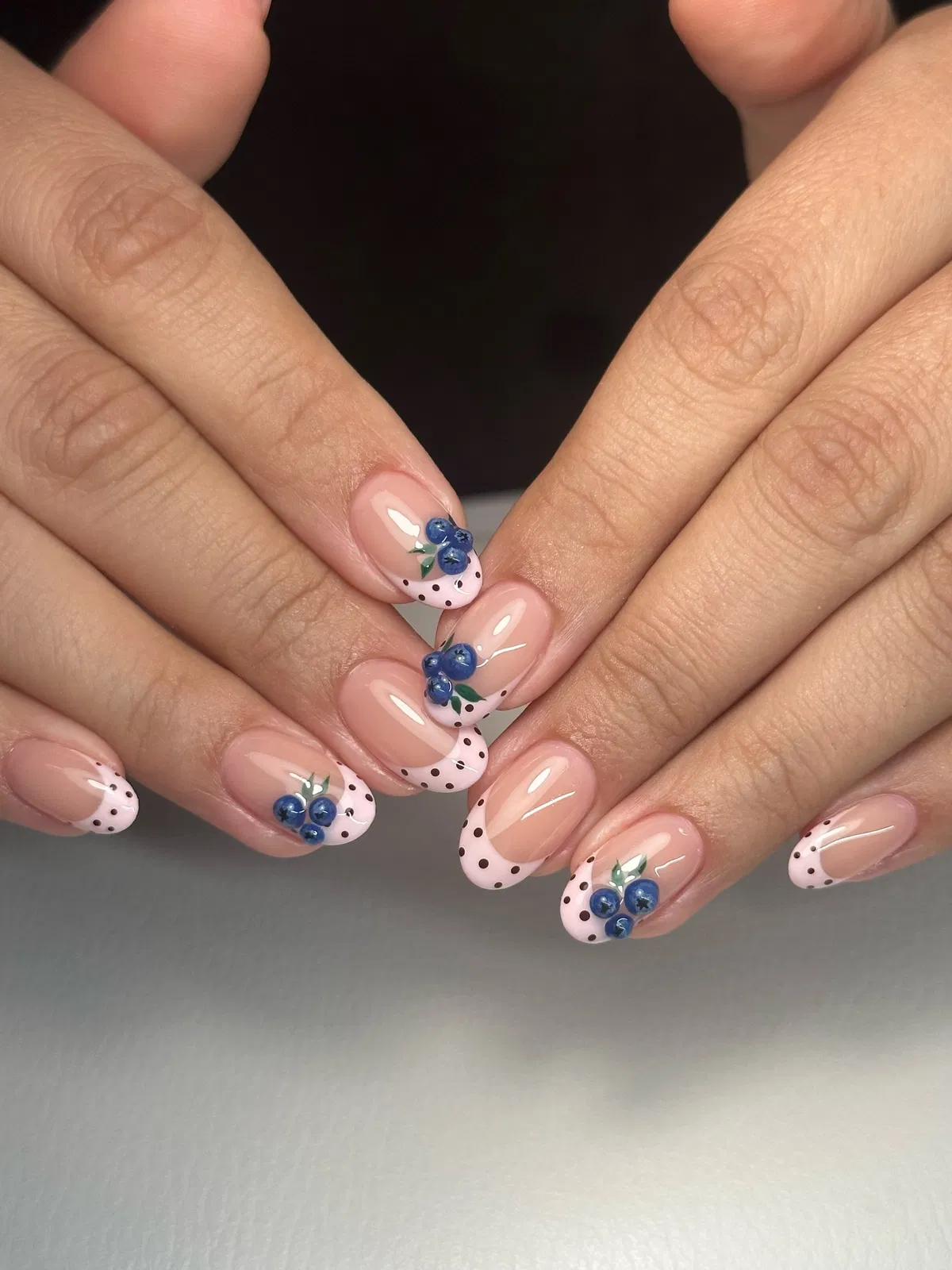 Pink French Tips with Black Dots and Blue Berry Accents