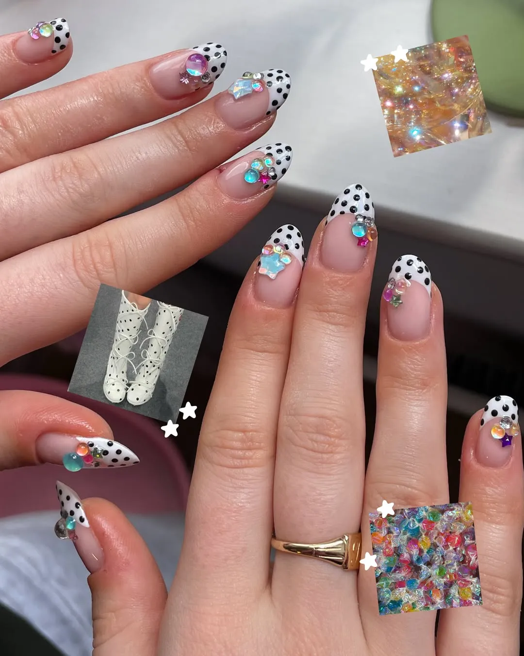 Polka-dot French tips with colorful gem embellishments