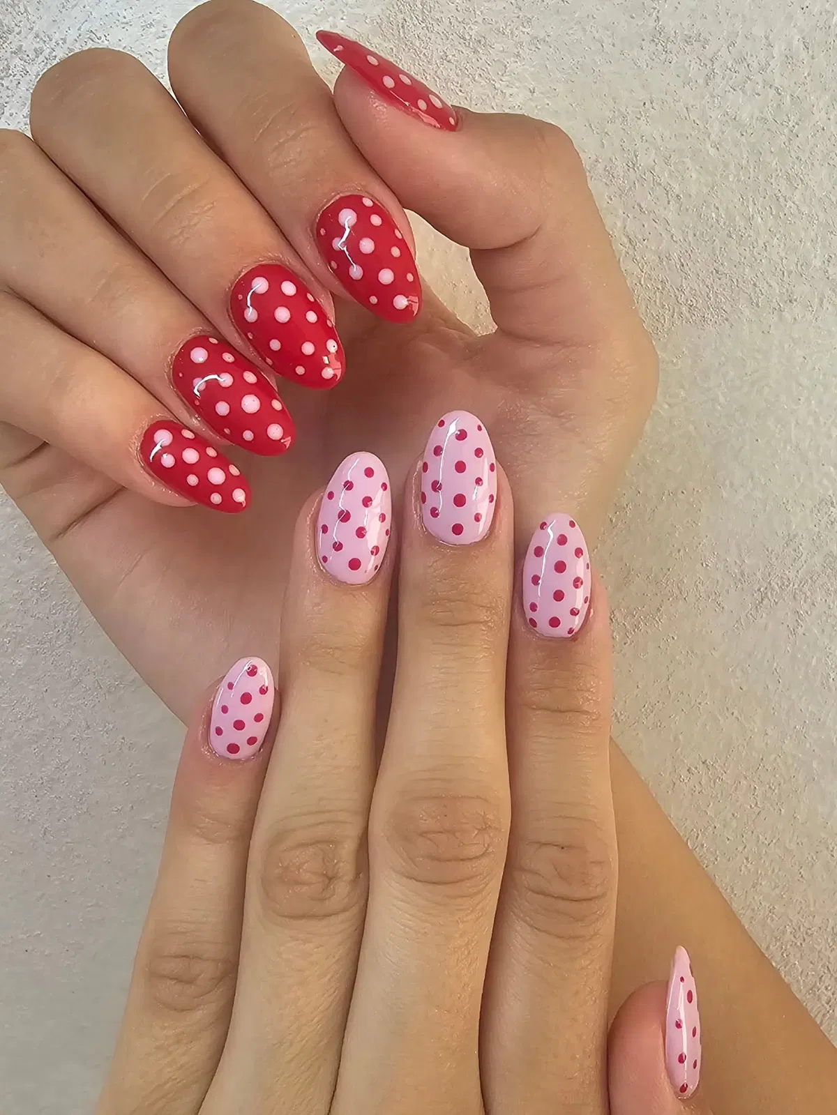 Two-tone pink and red all-over polka dots