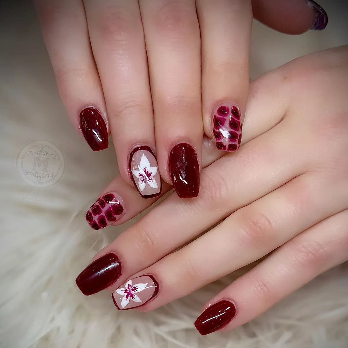 Glossy deep cherry with floral and patterned accents