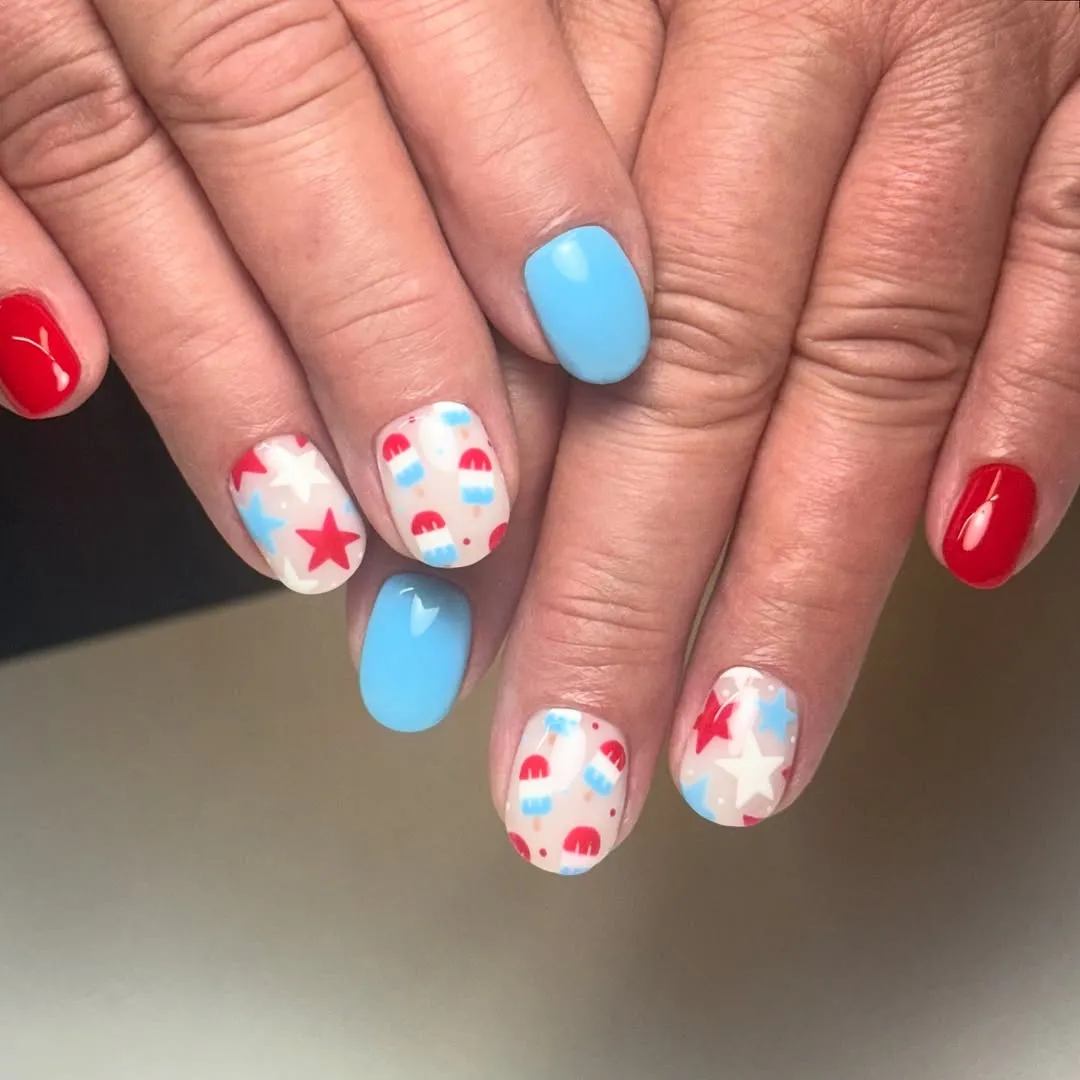 Red and light-blue solids with playful shape and star accents