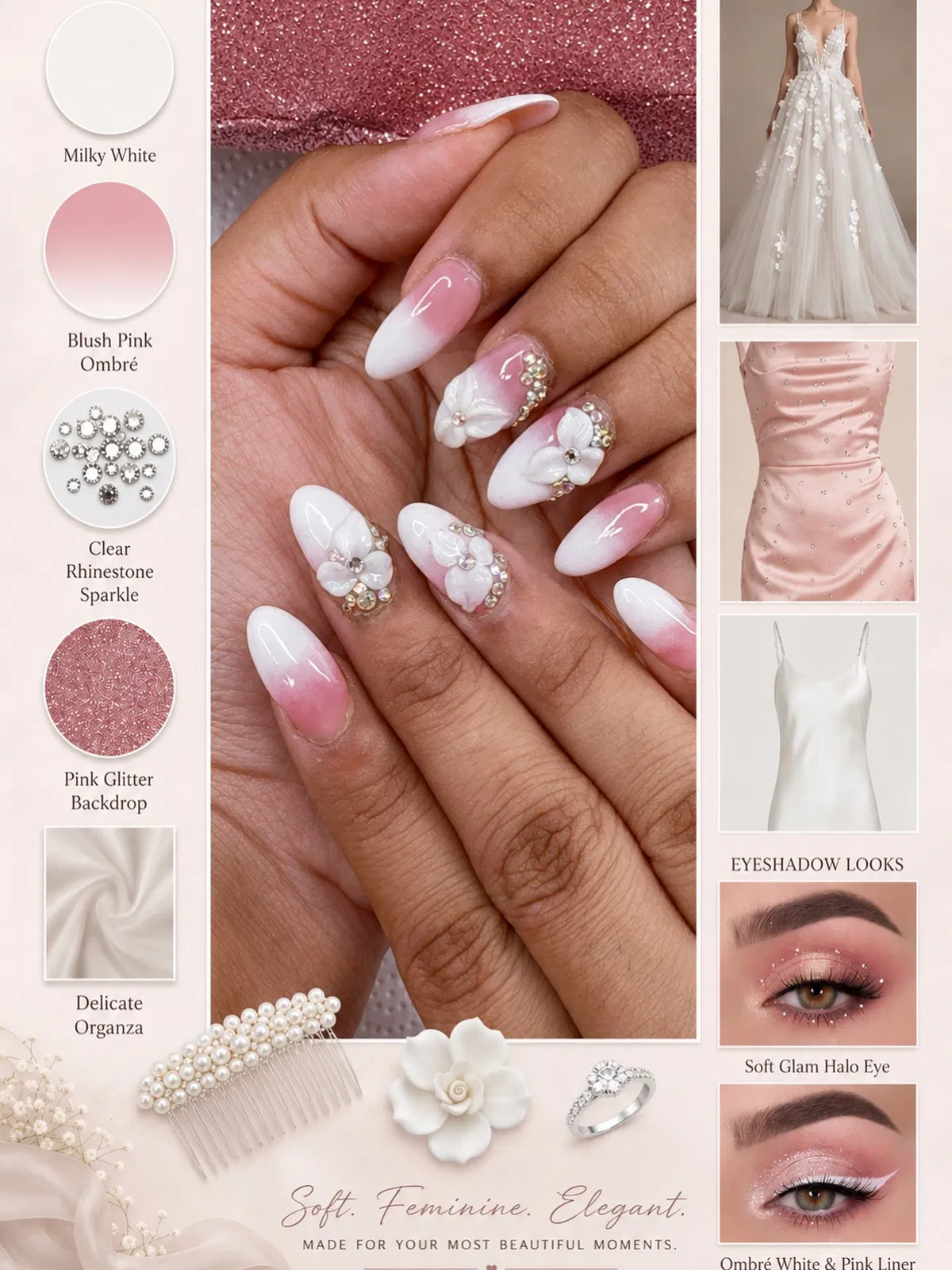 Pink-to-white ombrΓ© nails with 3D flowers and rhinestone clusters (collage)