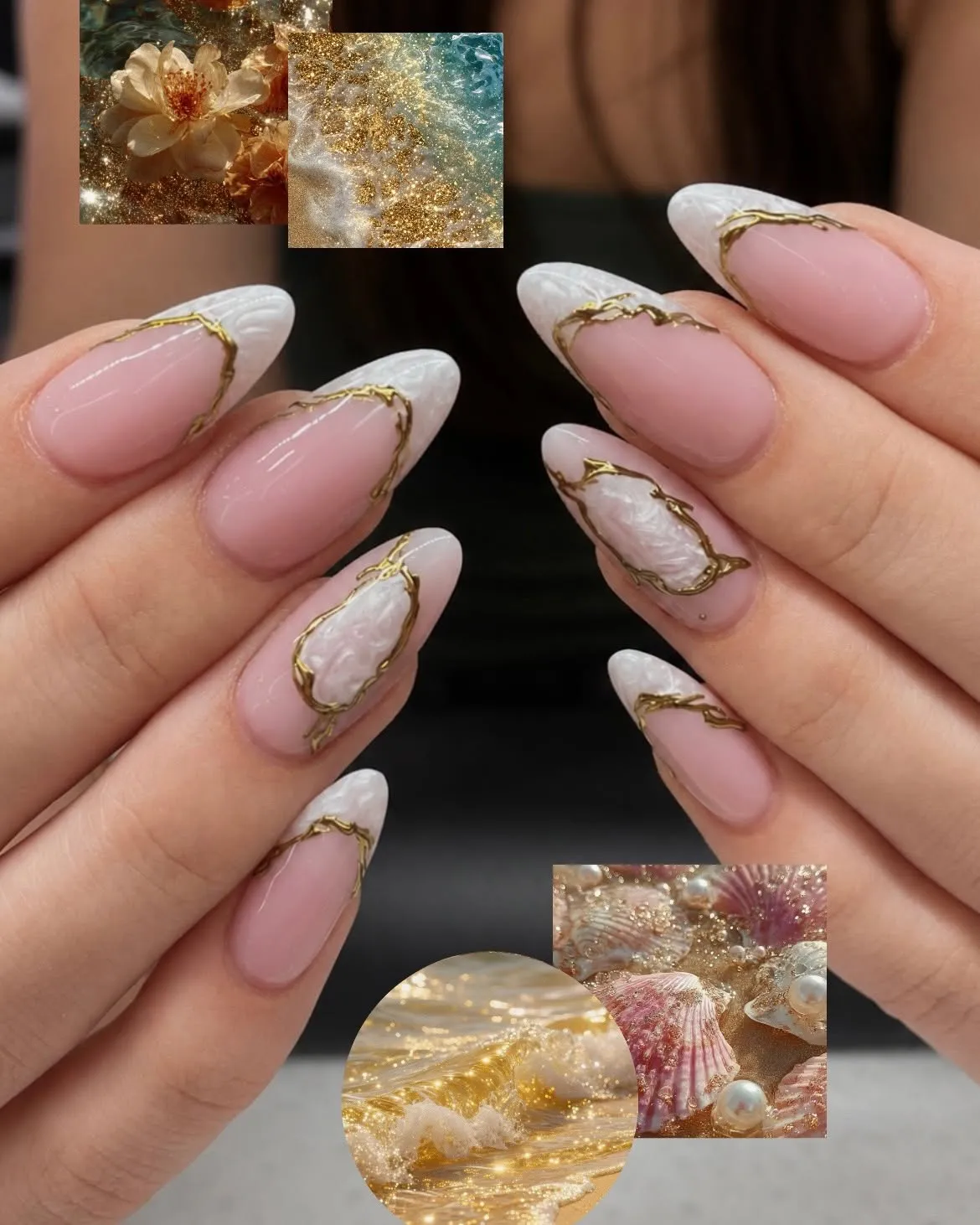 Textured white tips with irregular gold outline accents