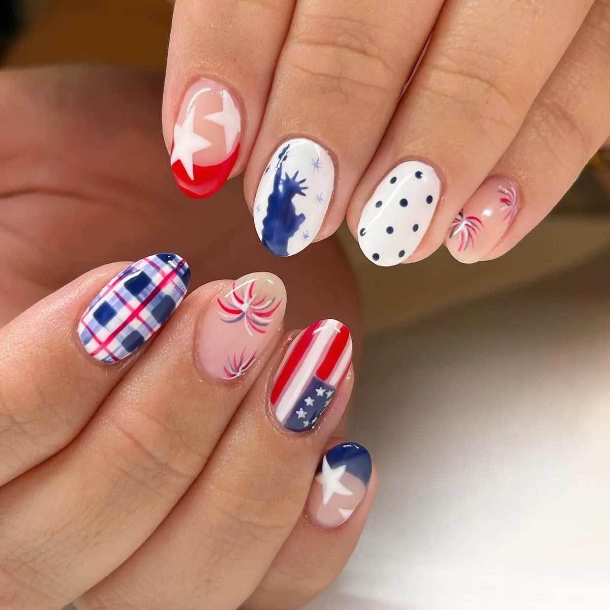 Mixed prints: plaid, polka dots, stripes, and small bursts