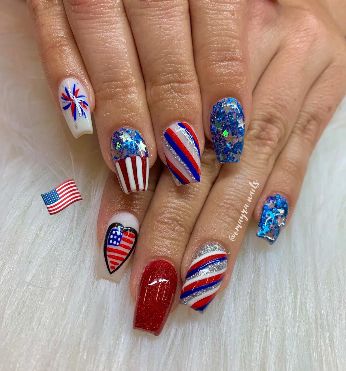 Chunky blue glitter with stars plus stripes and burst accents