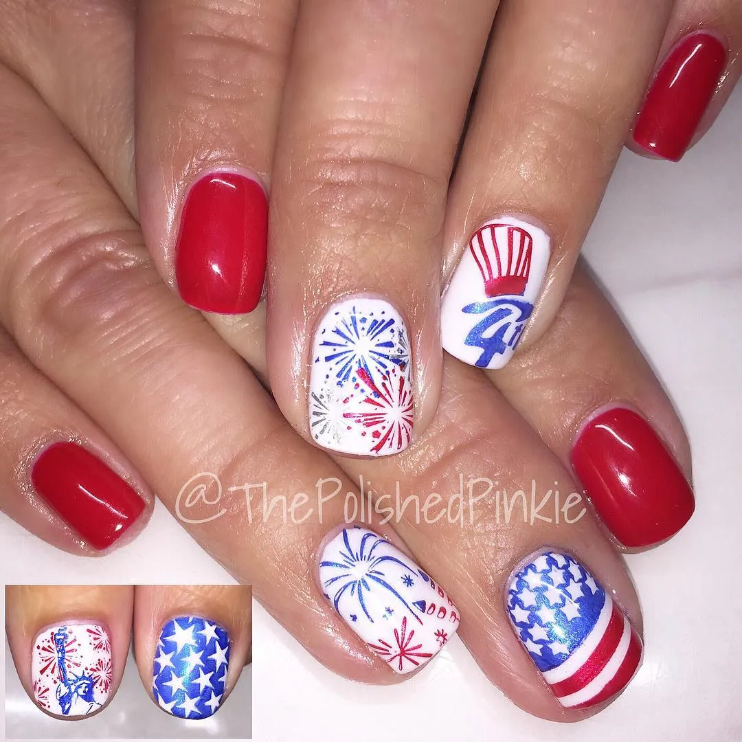 Red solids with white firework-burst accents