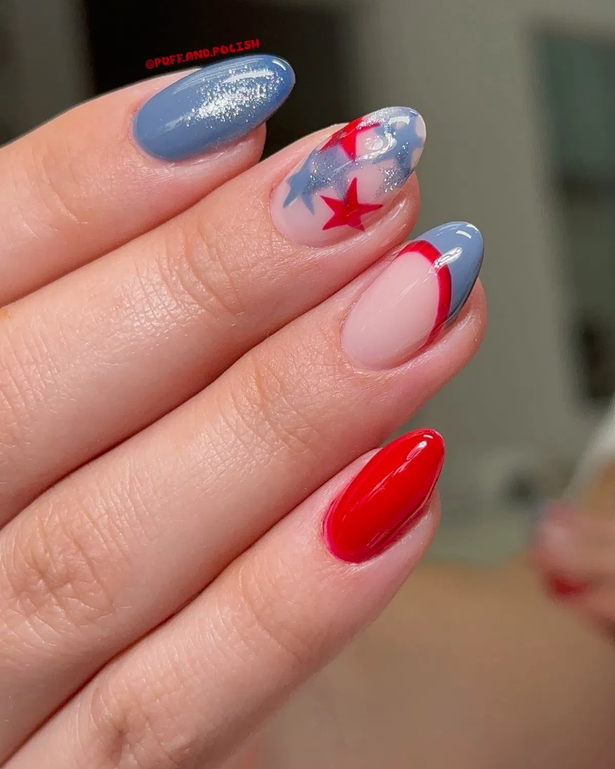 Muted blue and red with translucent star-and-glitter accents