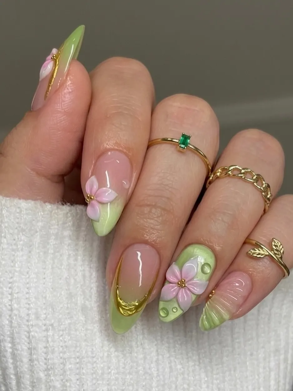 Almond green gradients with raised pink flowers and gold curves