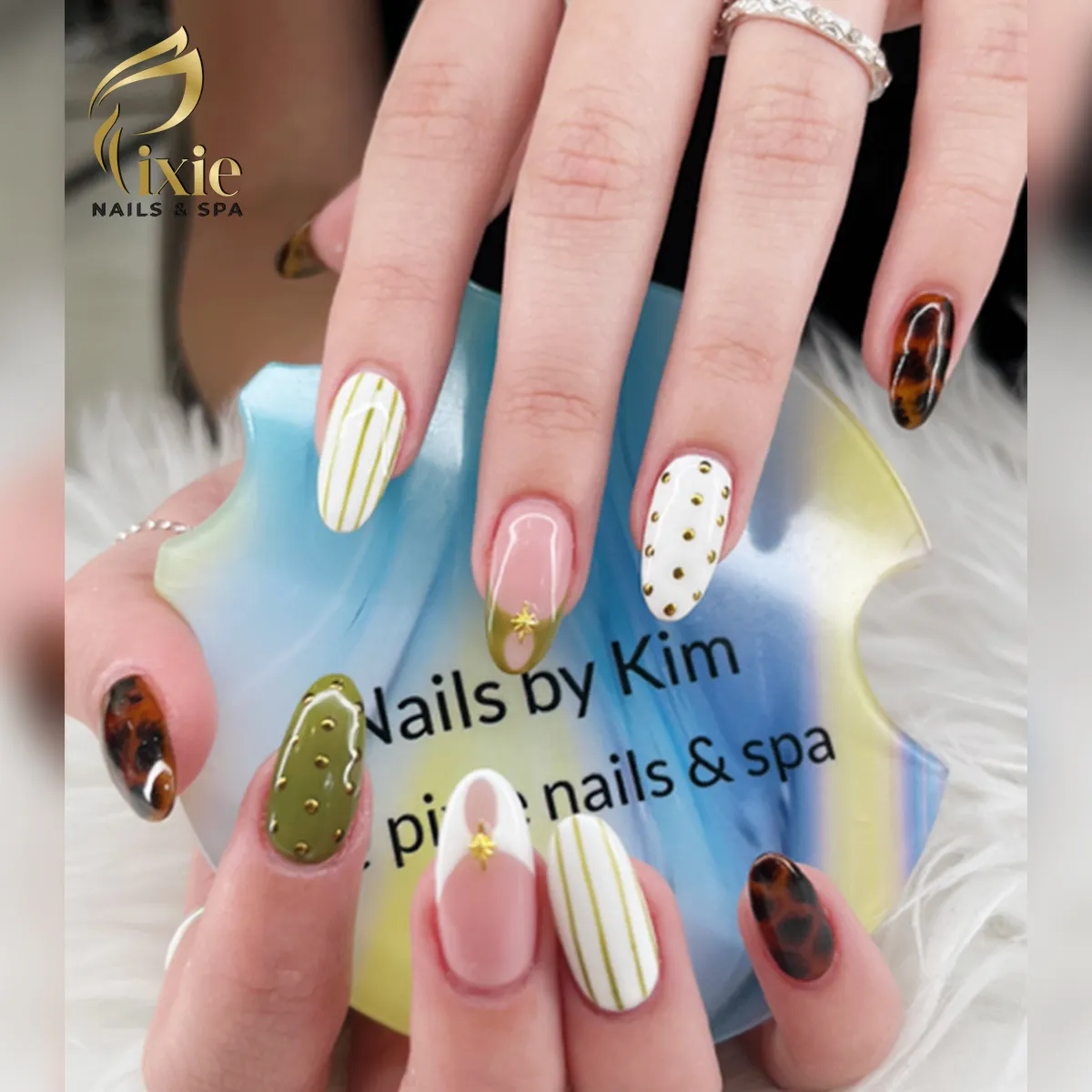 Mixed set with green stripes, gold dots, and olive-tipped accents