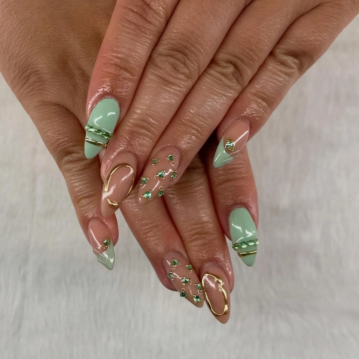 Mint and Nude Set with Gold Bands and Green Rhinestone Accents