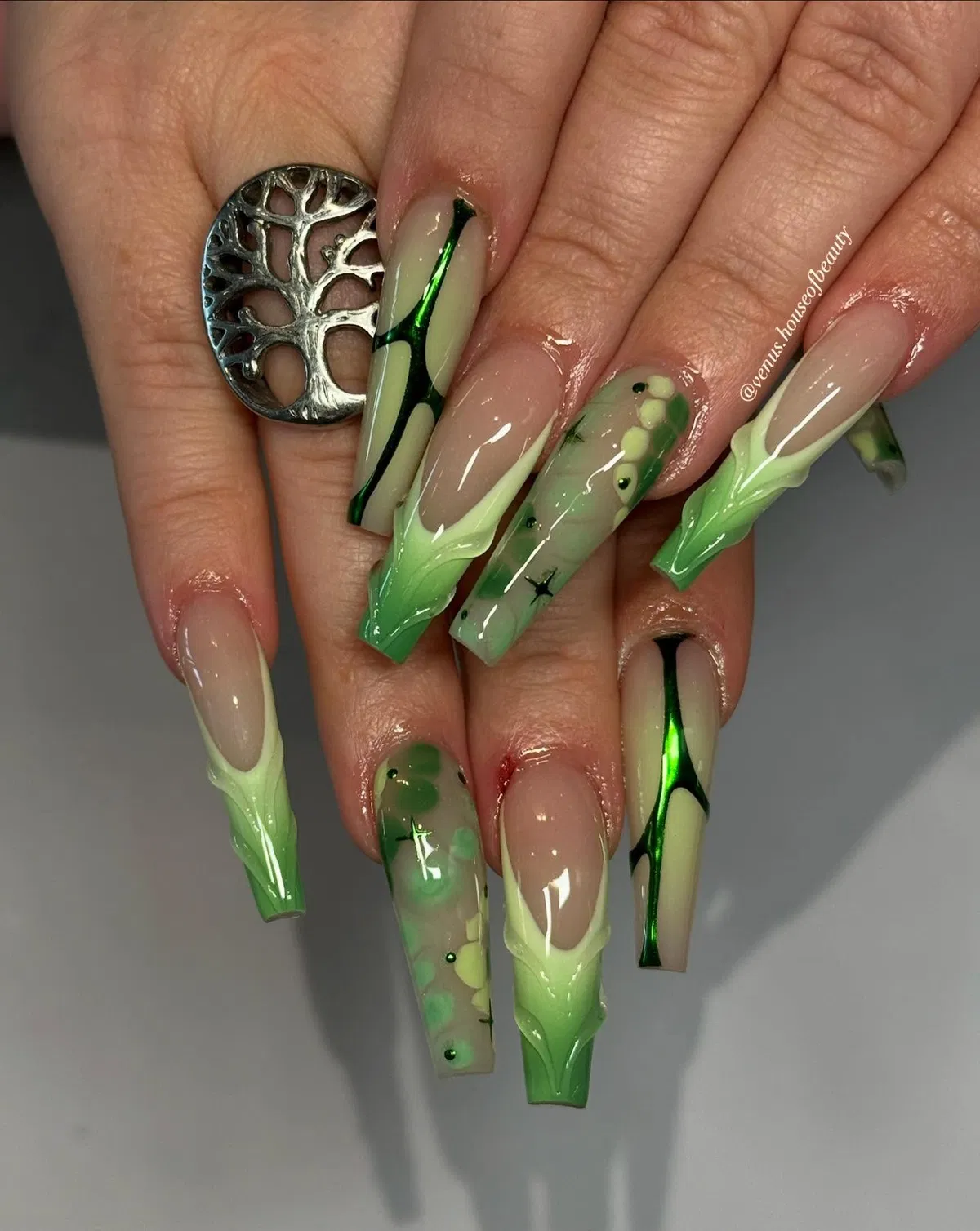 Extra-long green gradients with metallic stripe accents
