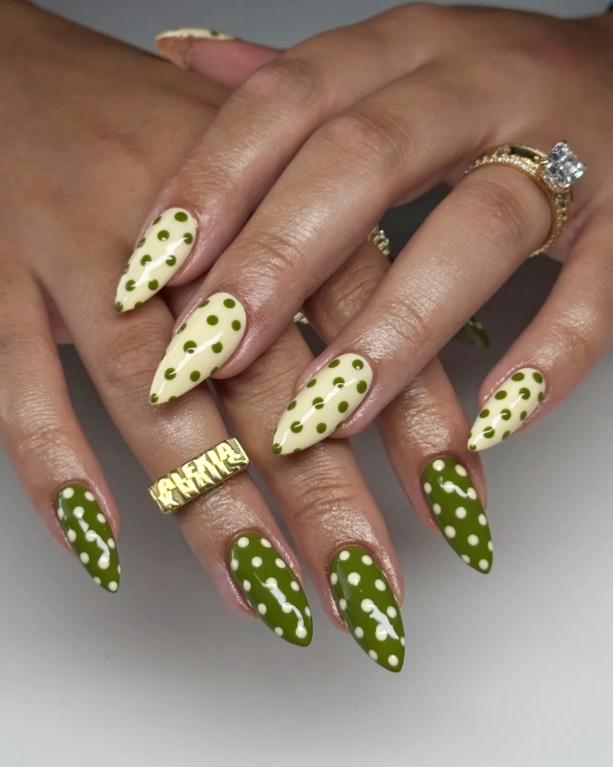 Olive and cream polka-dot stiletto set