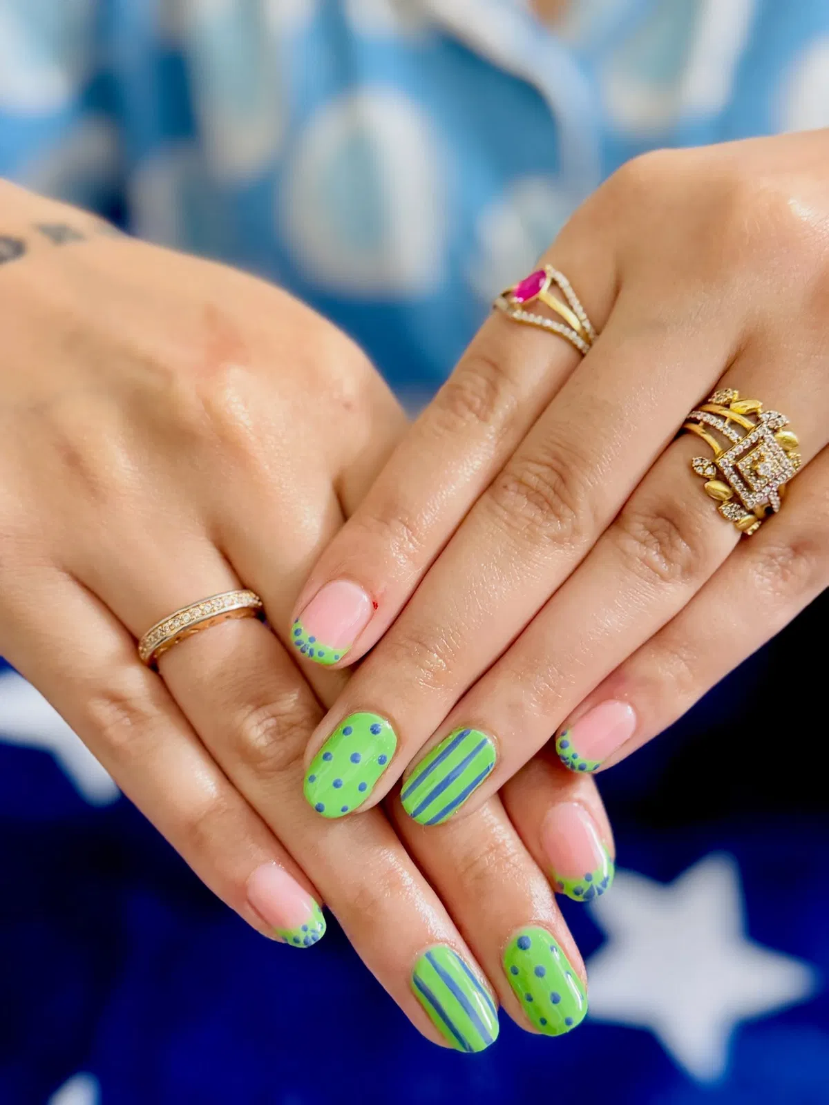 Green and blue polka dots with striped accent