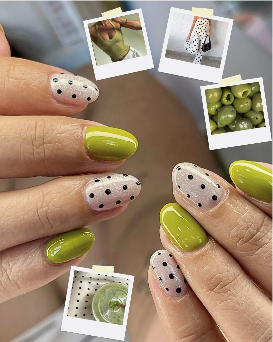 Yellow-green solids with black polka dots and collage overlays