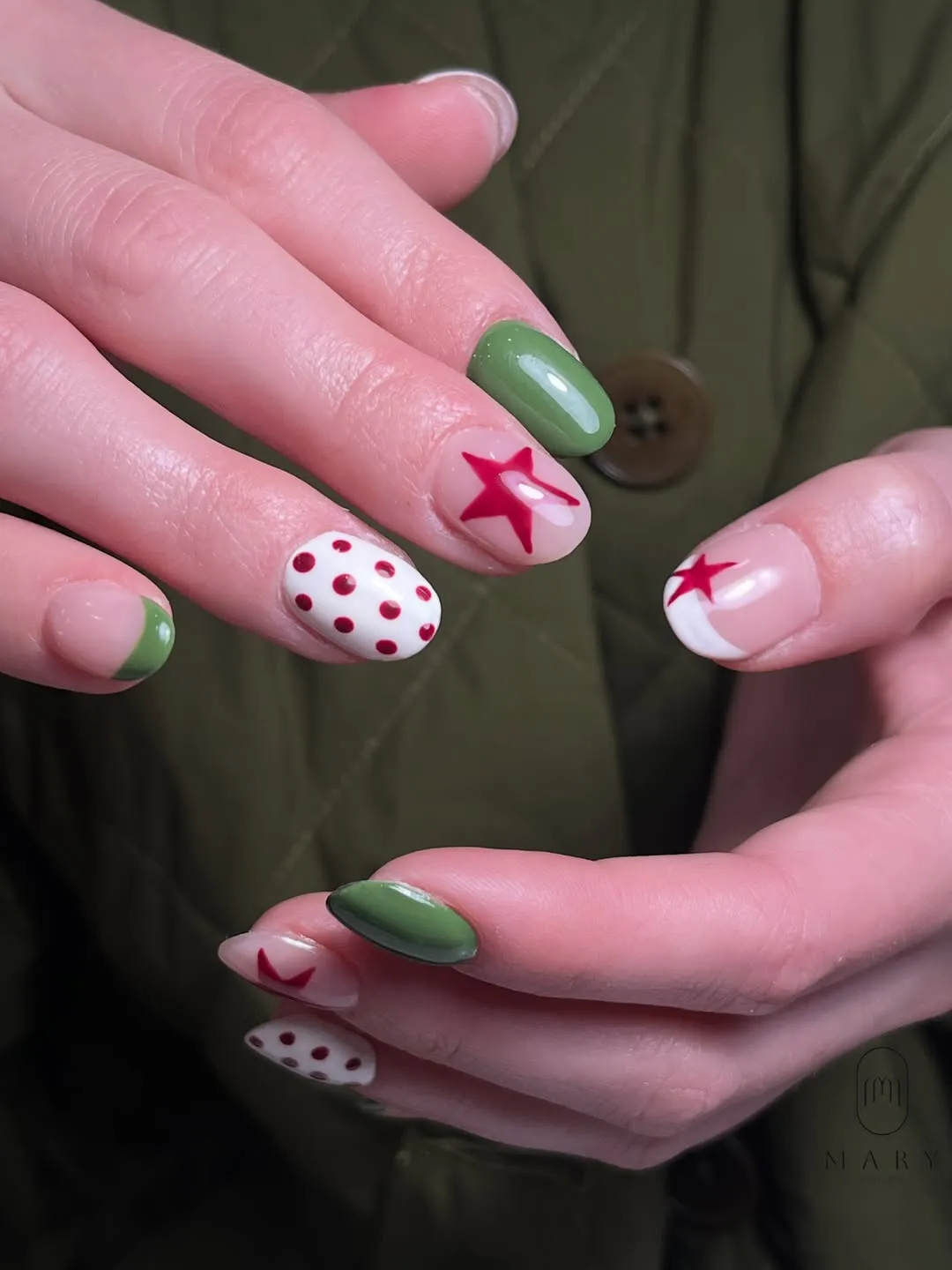 Green solids with red stars and red polka dots
