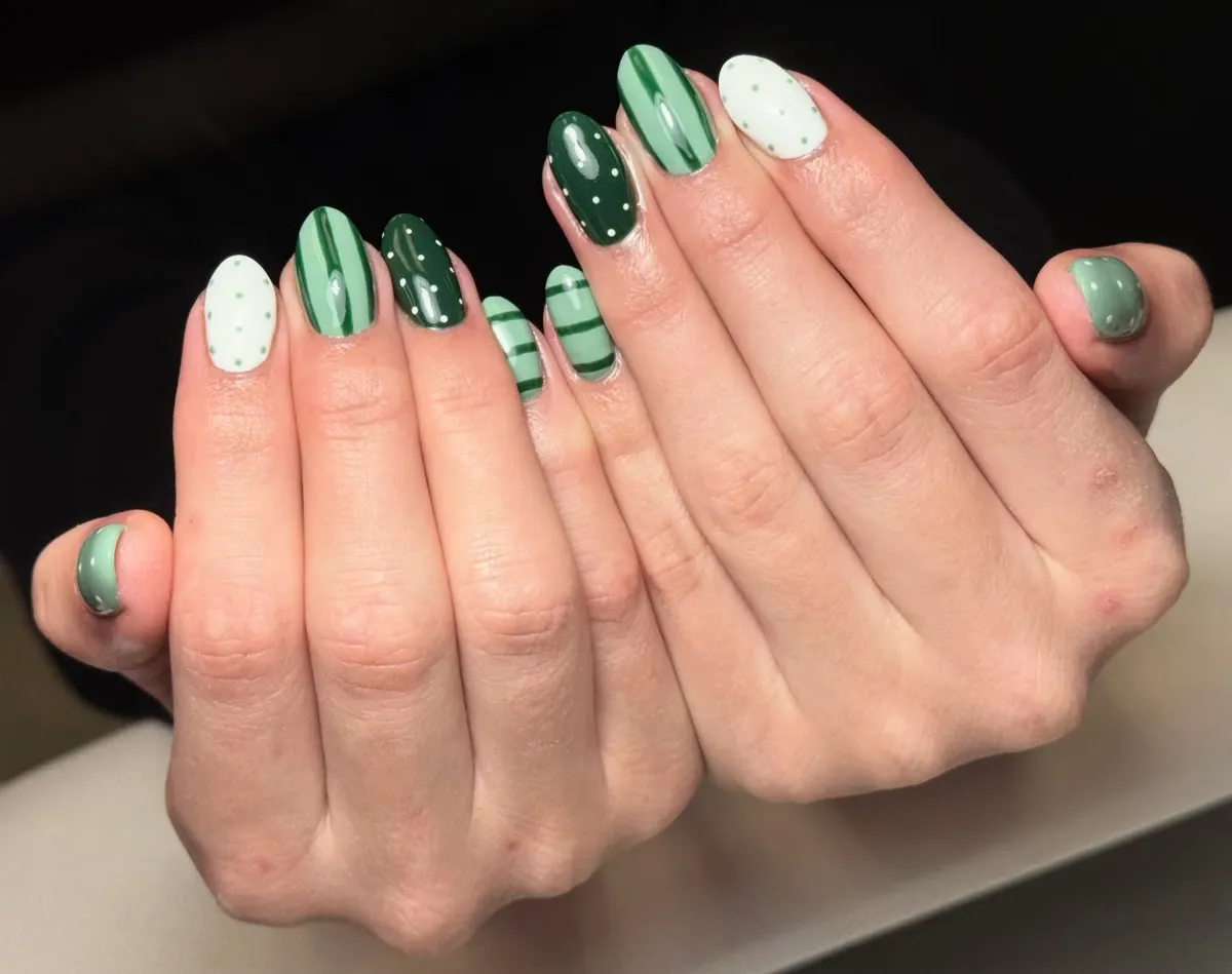 Green mix-and-match: polka dots and stripes