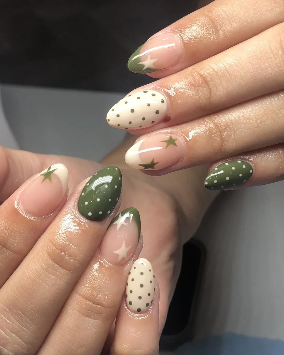 Olive and cream polka dots with star accents