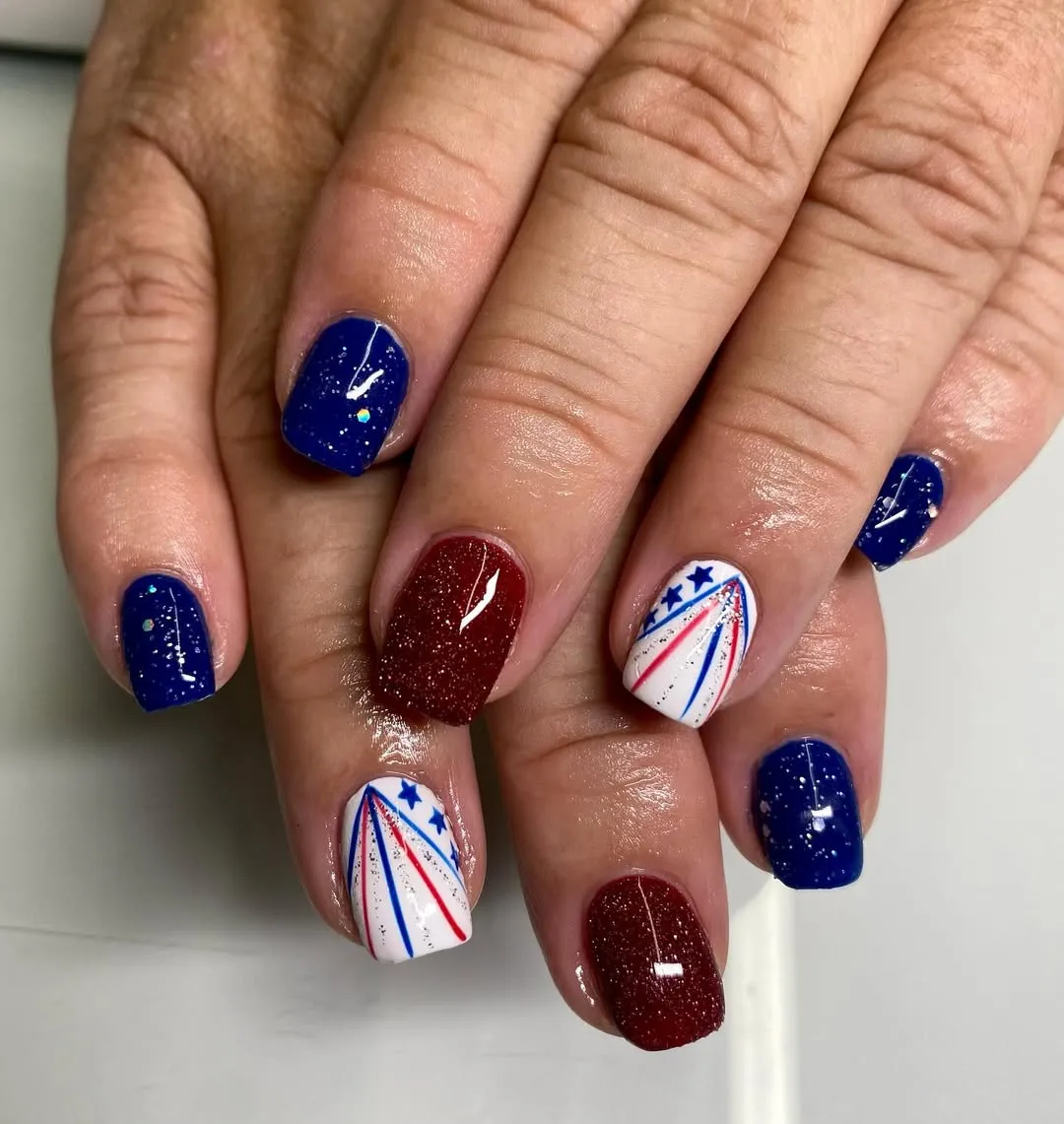 Speckled navy and starburst line accents