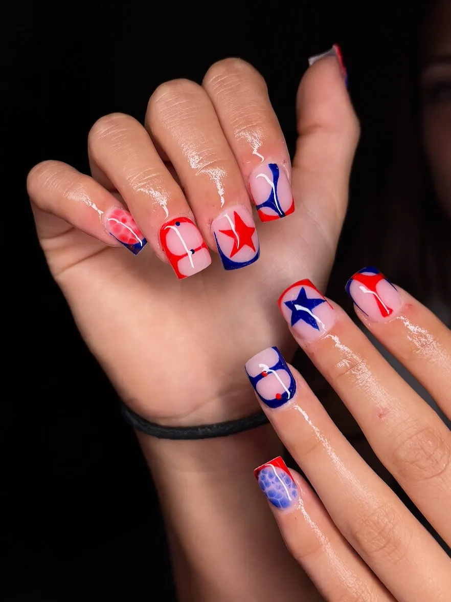 Graphic color-block stars with abstract cell patterns