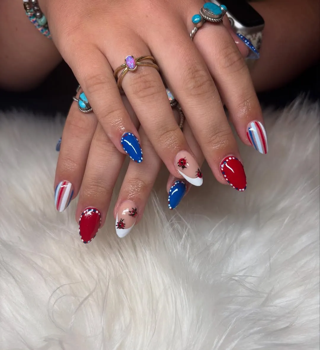 Dotted-edge solids with striped and insect accent nails