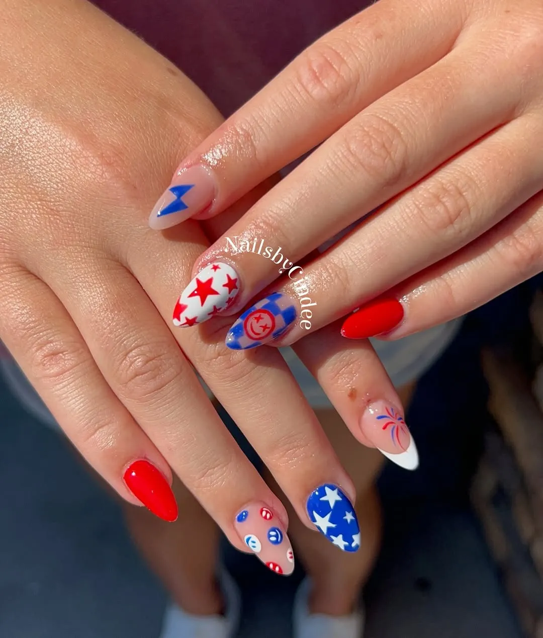 Mixed red/white/blue set with stars, checks, and burst accents