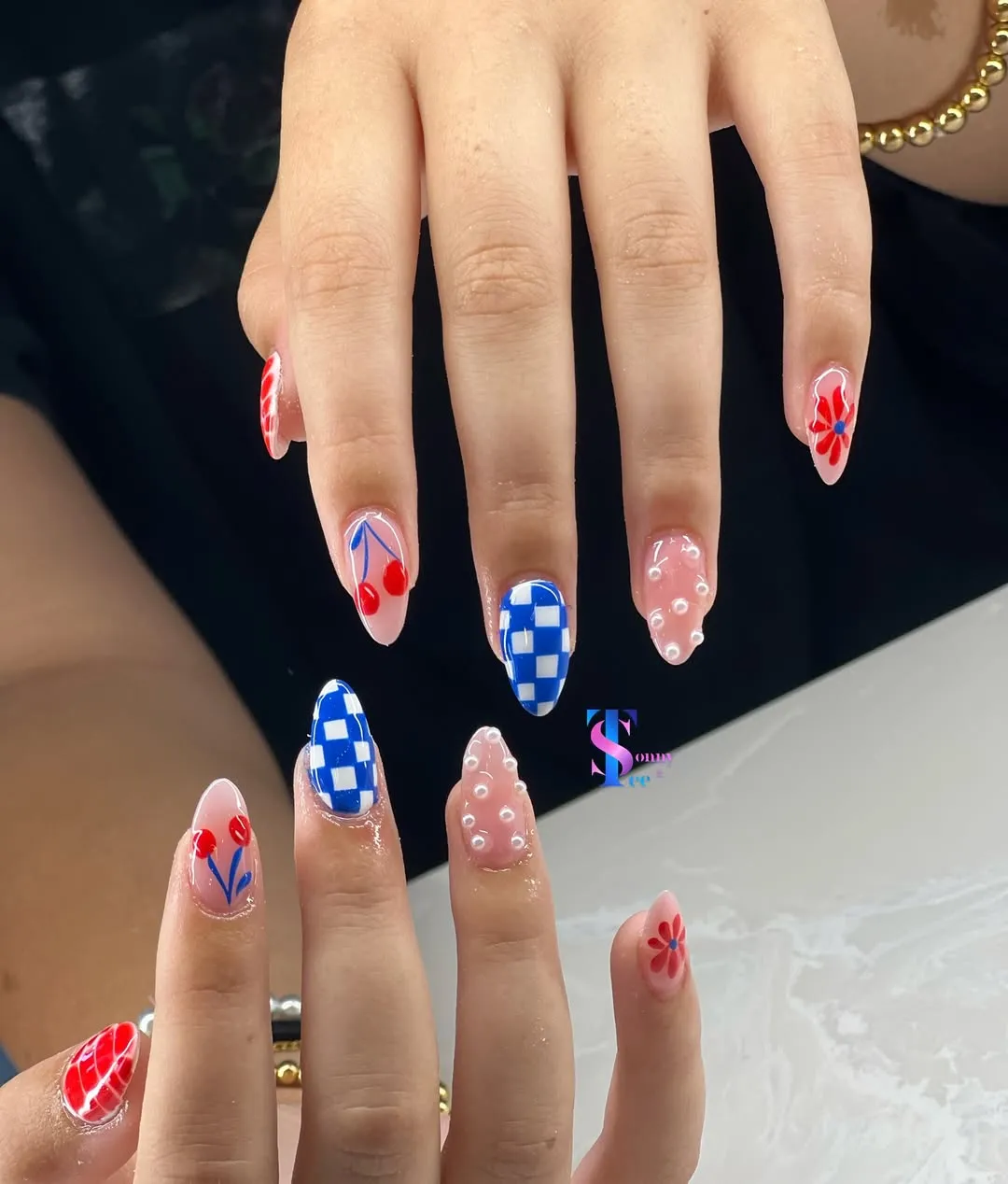 Checkerboard, red florals, and raised dot accents