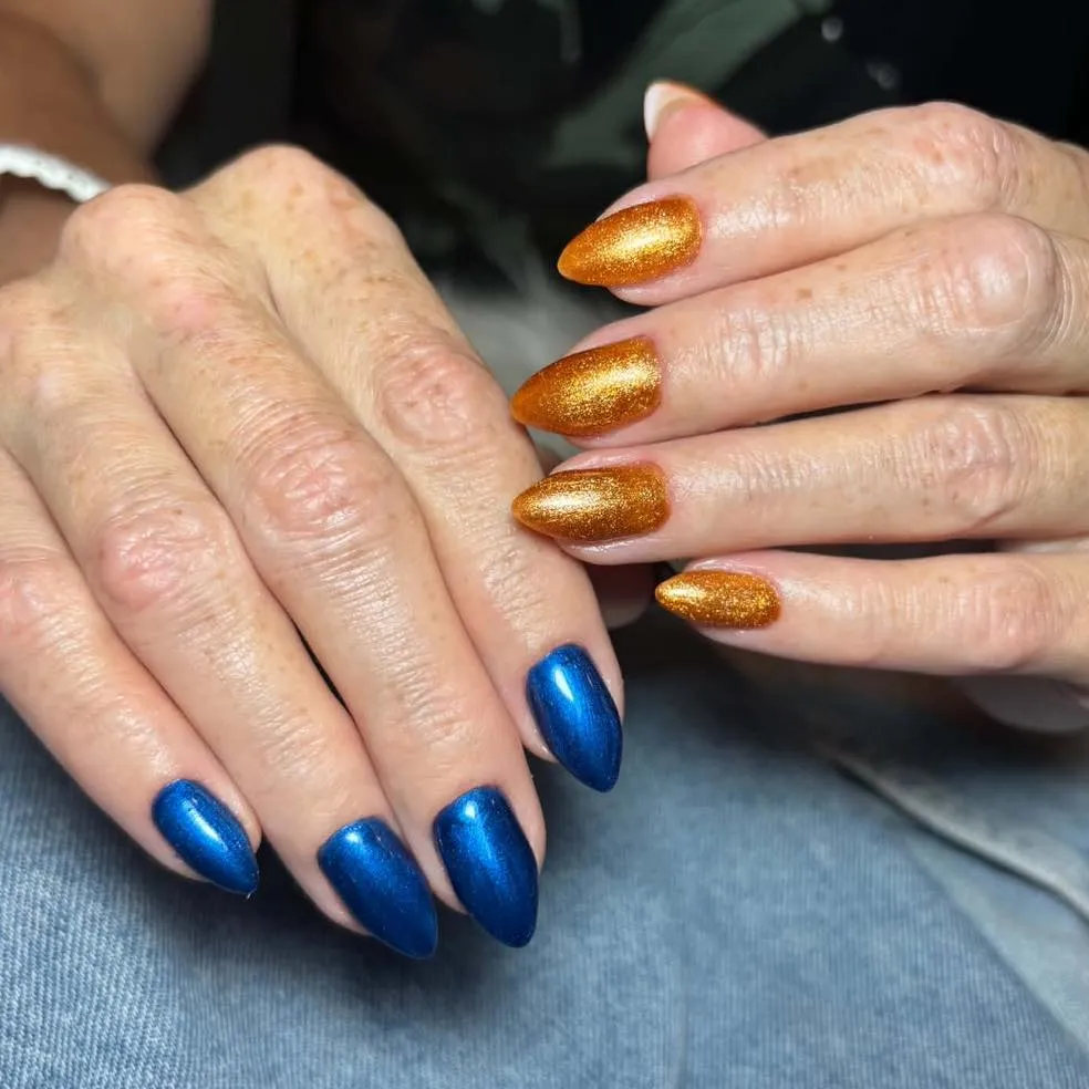 Metallic-look blue paired with metallic gold-orange