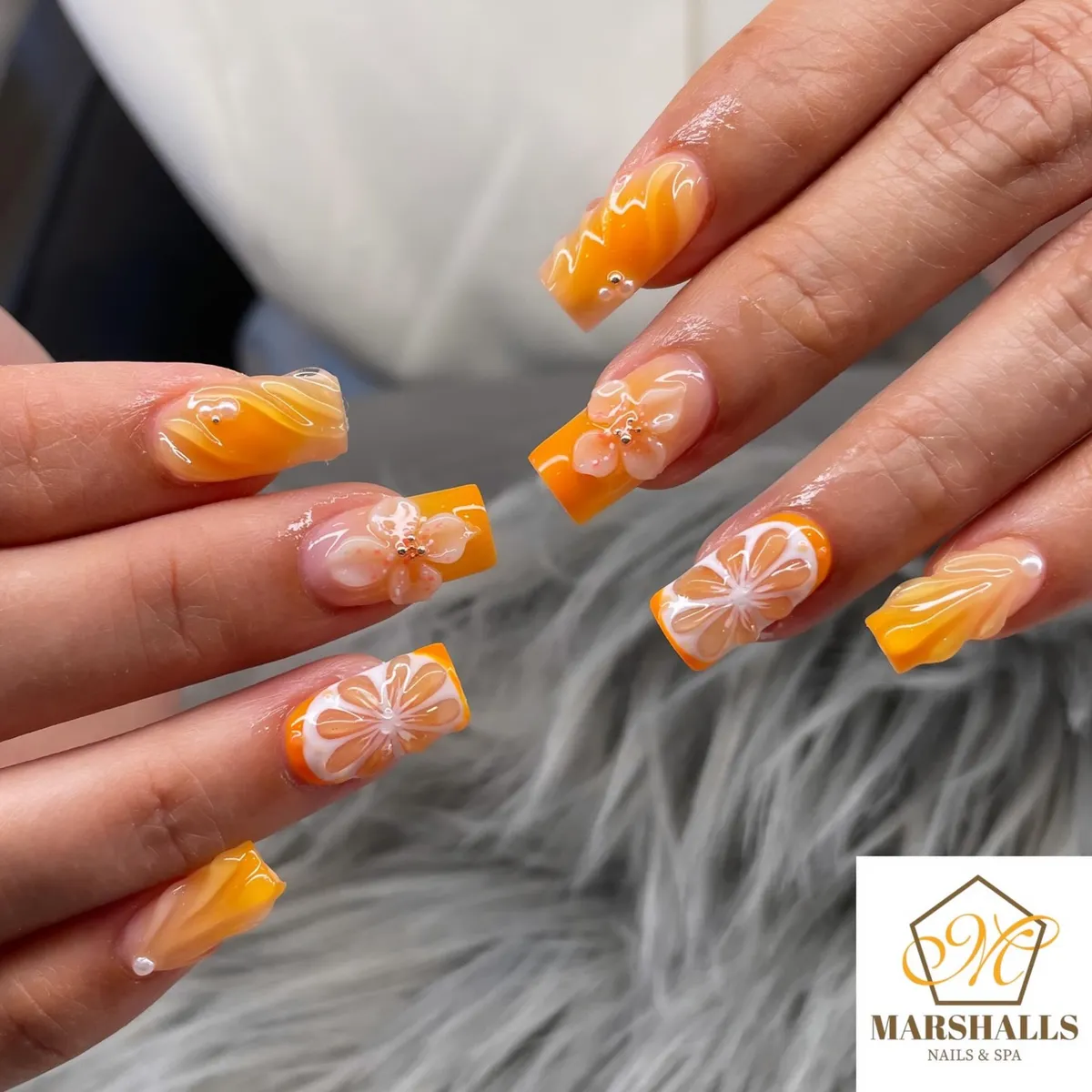 Square orange tips with citrus and 3D florals