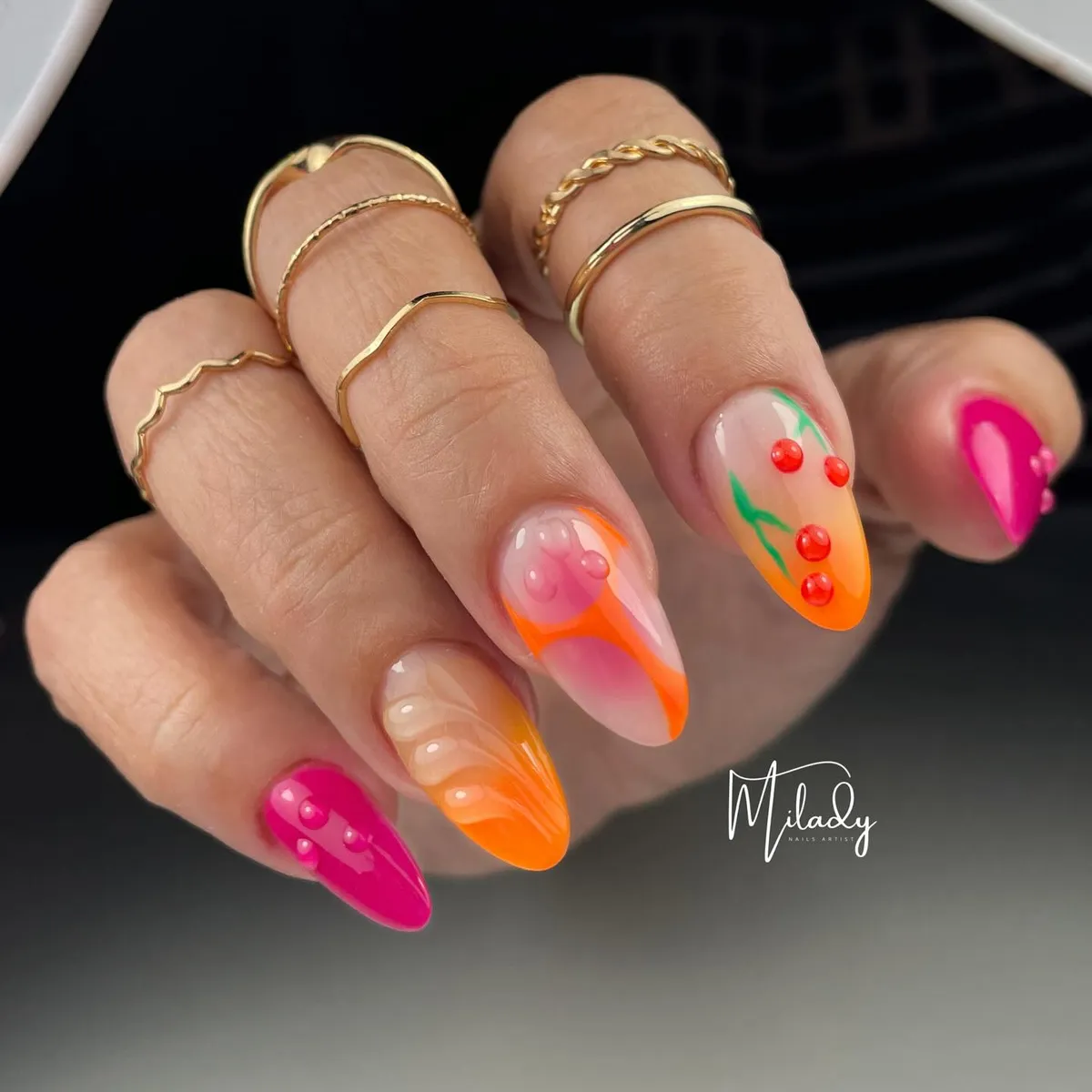 Colorful orange accents with raised dots and green lines
