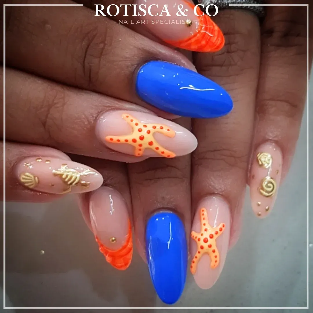 Bright blue solids with orange starfish and gold-toned sea motifs