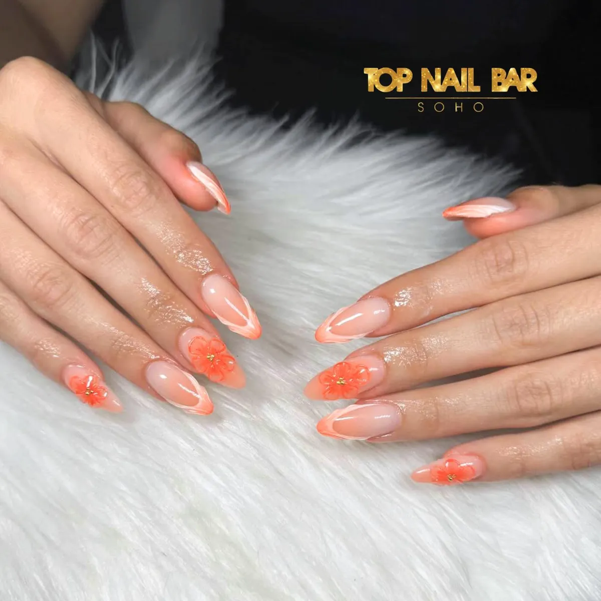 Nude Base with Orange Tips and 3D Flowers