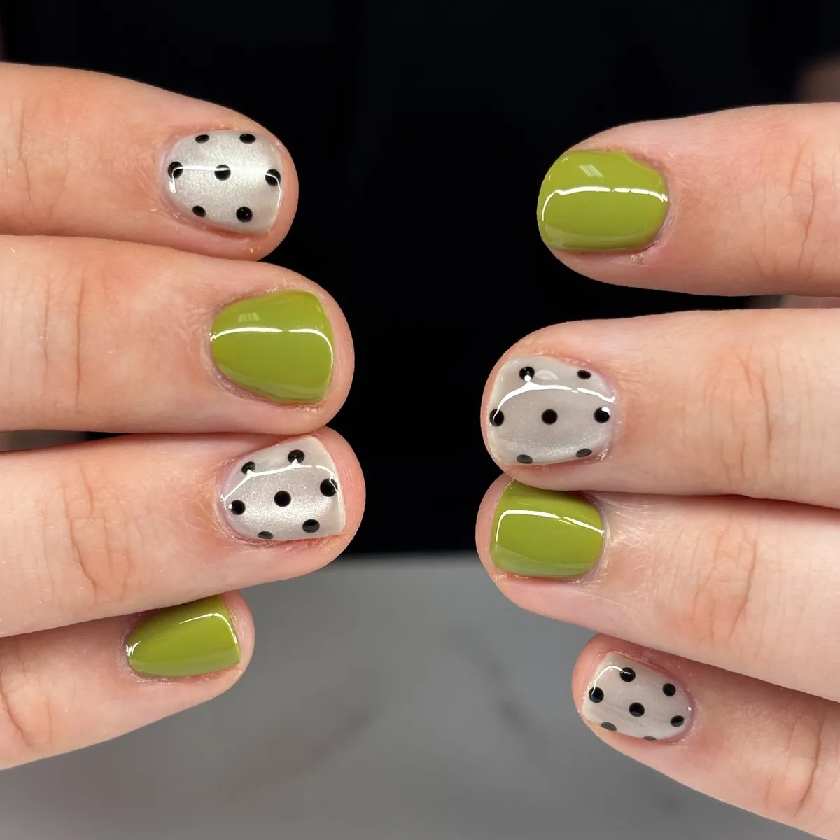 Olive-lime solids with silver-and-black polka dots