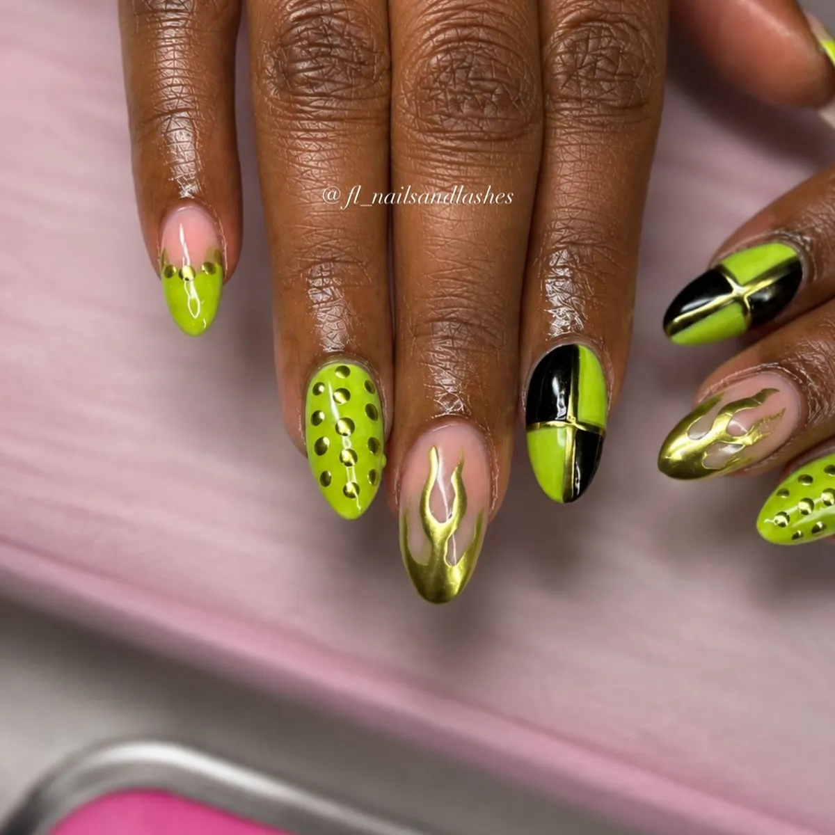 Lime green with black-and-gold graphic accents