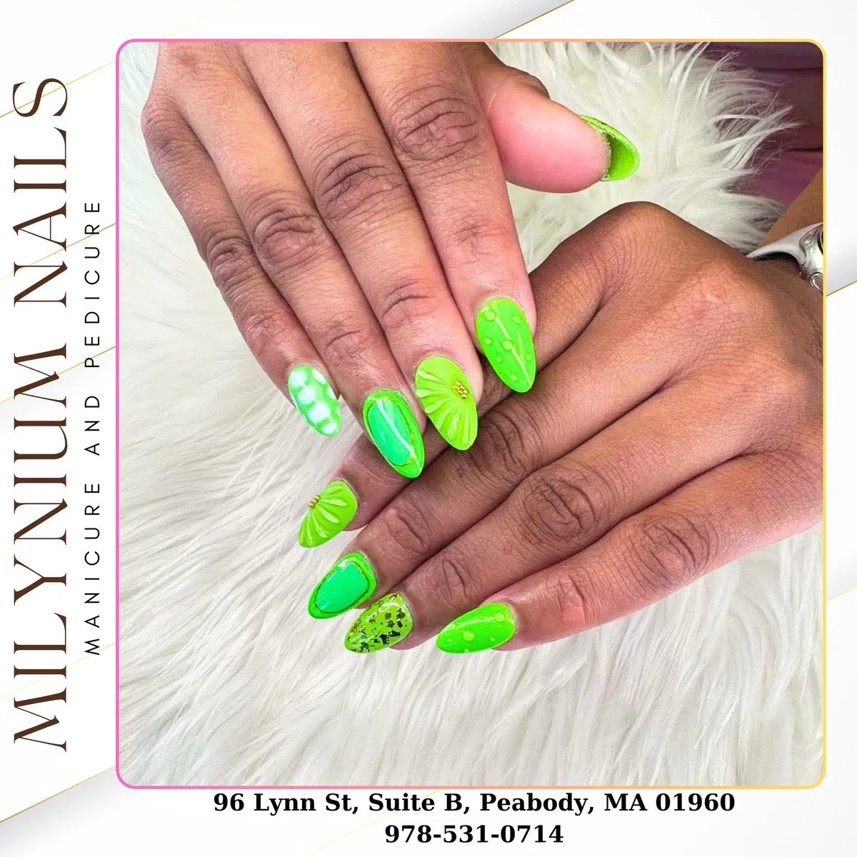 Salon promo image with mixed lime-green nail art