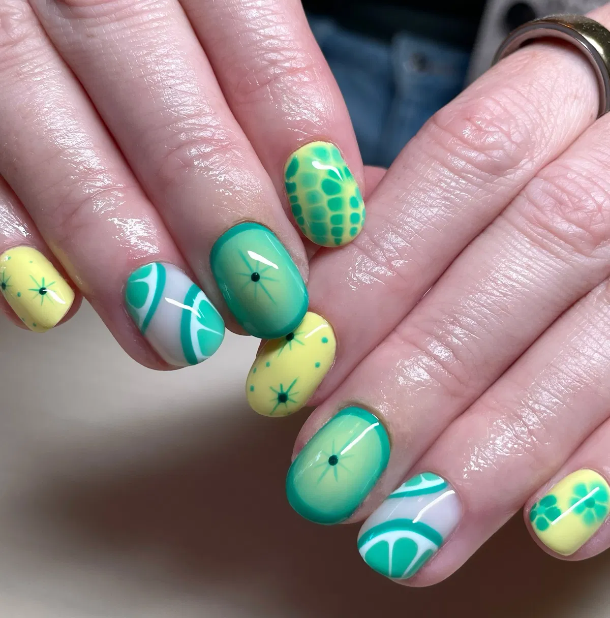 Green gradients with citrus-style segments and dot patterns