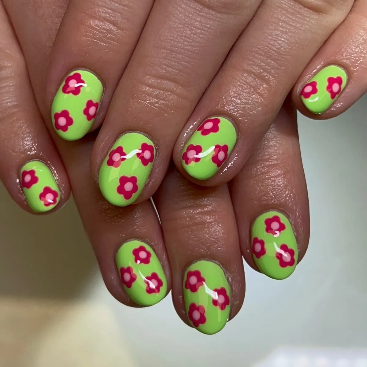 Lime green base with pink flower prints