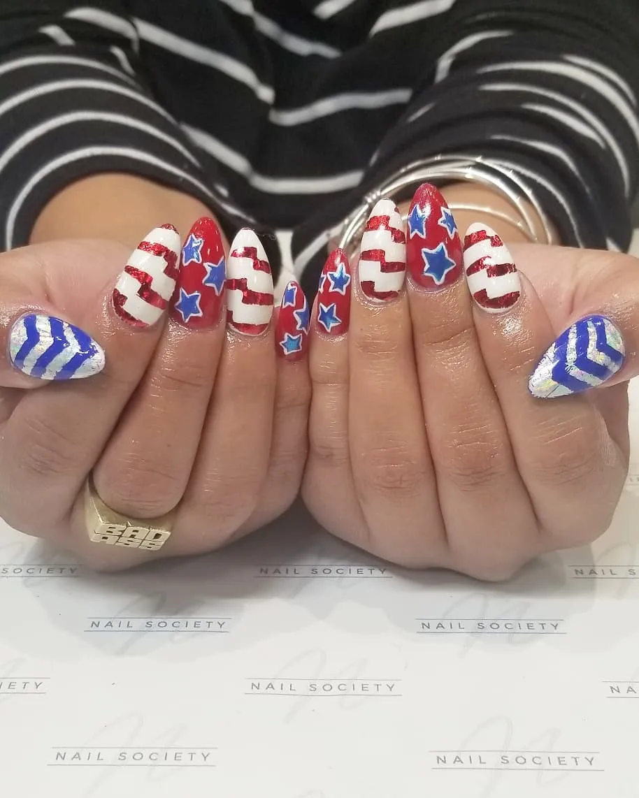 Long almond stars, stripes, and blue chevron thumbs