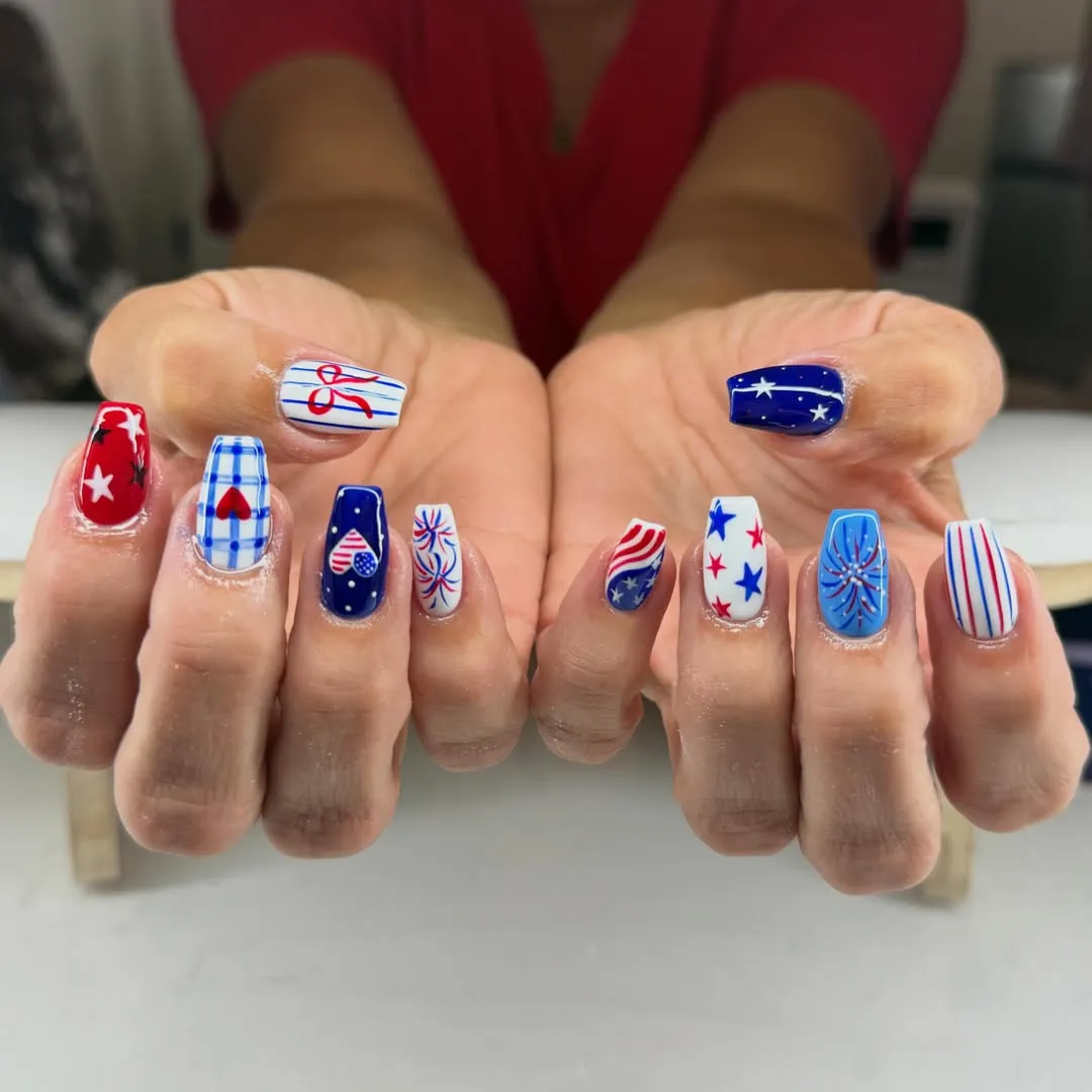 Mixed patriotic motifs: stars, gingham heart, and firework bursts