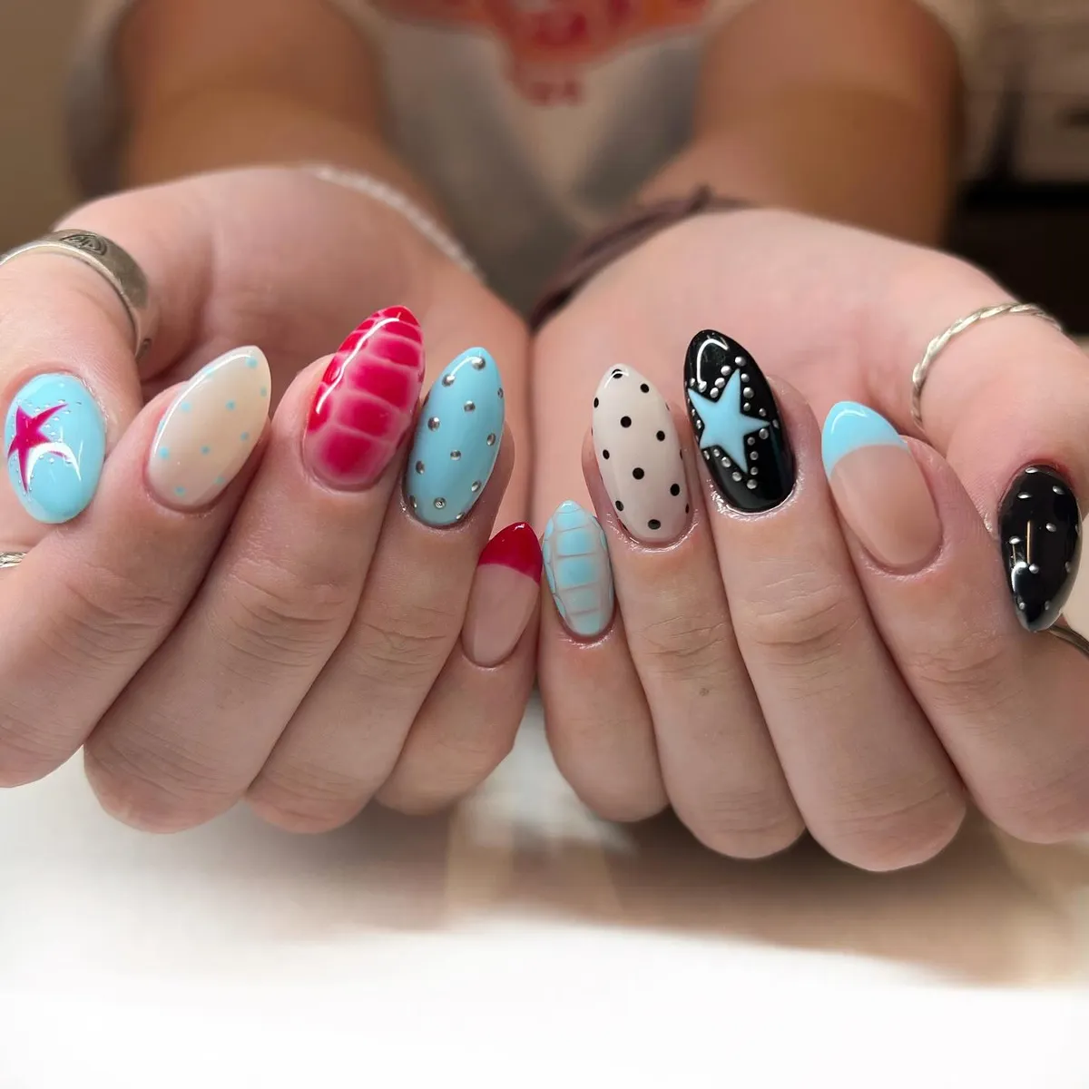 Long almond mix with stars, dots, and grid details