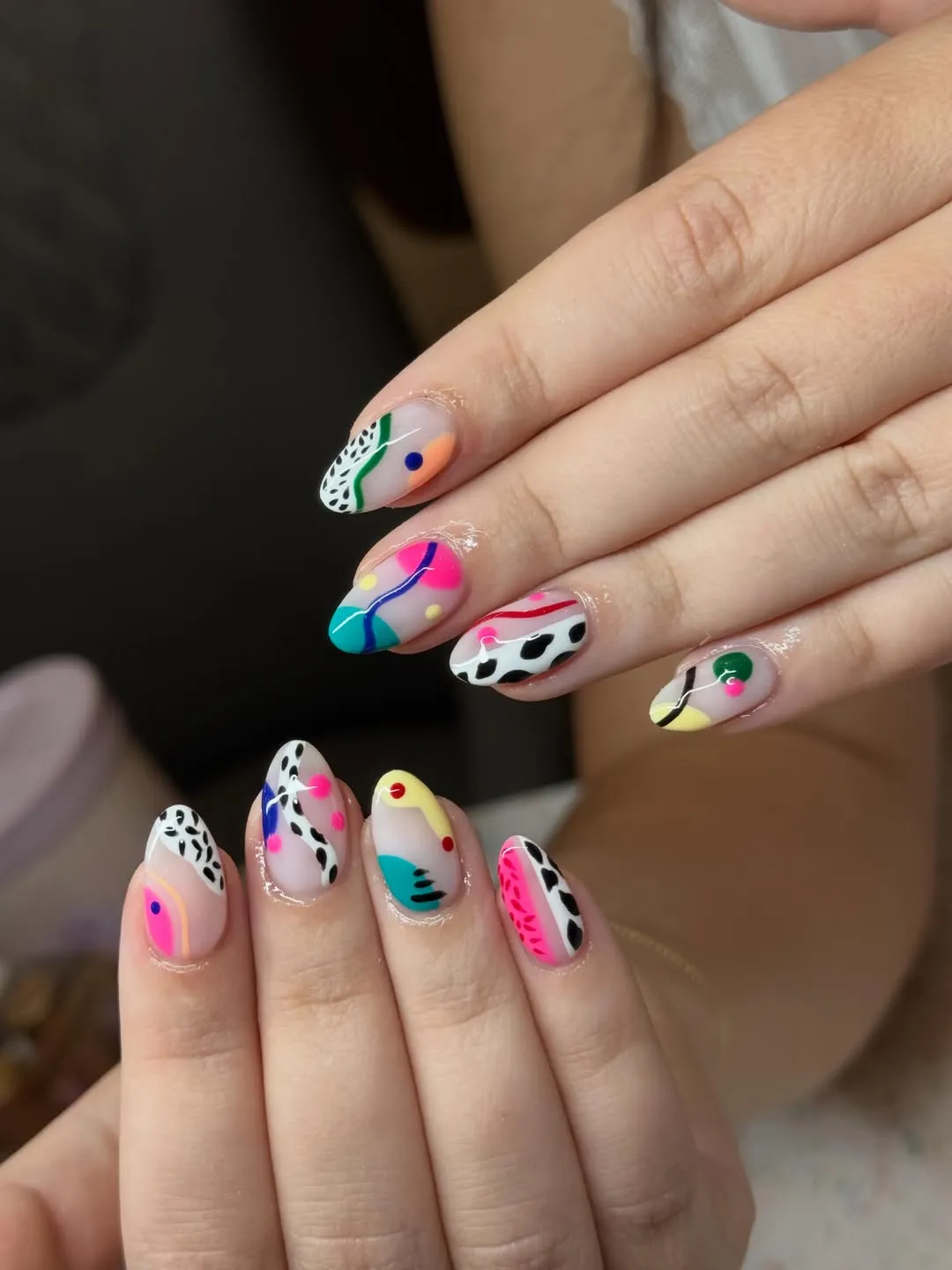 Abstract color-block mismatched set with spotted accents