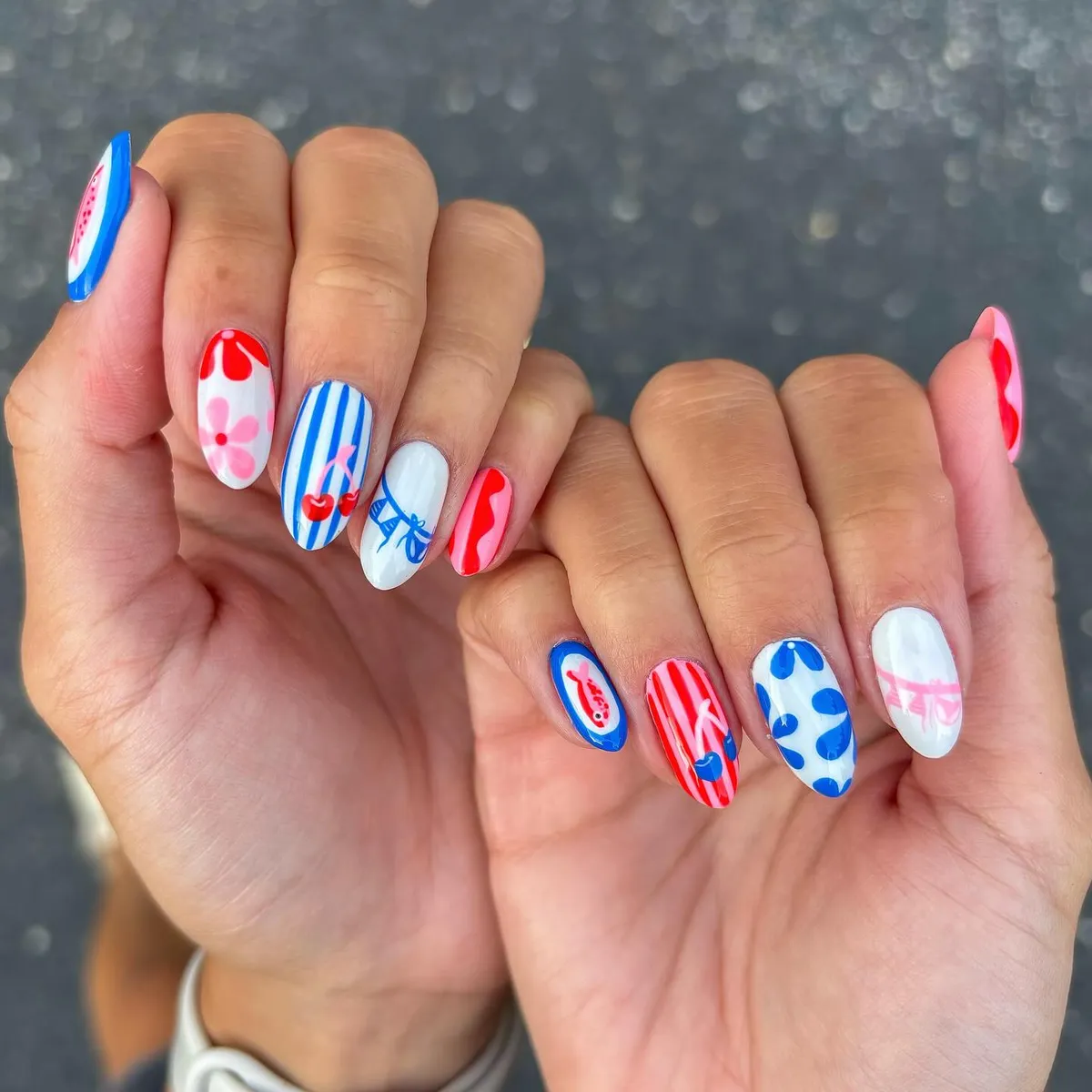 Red-white-blue mix with stripes, cherries, bows, and fruit motif