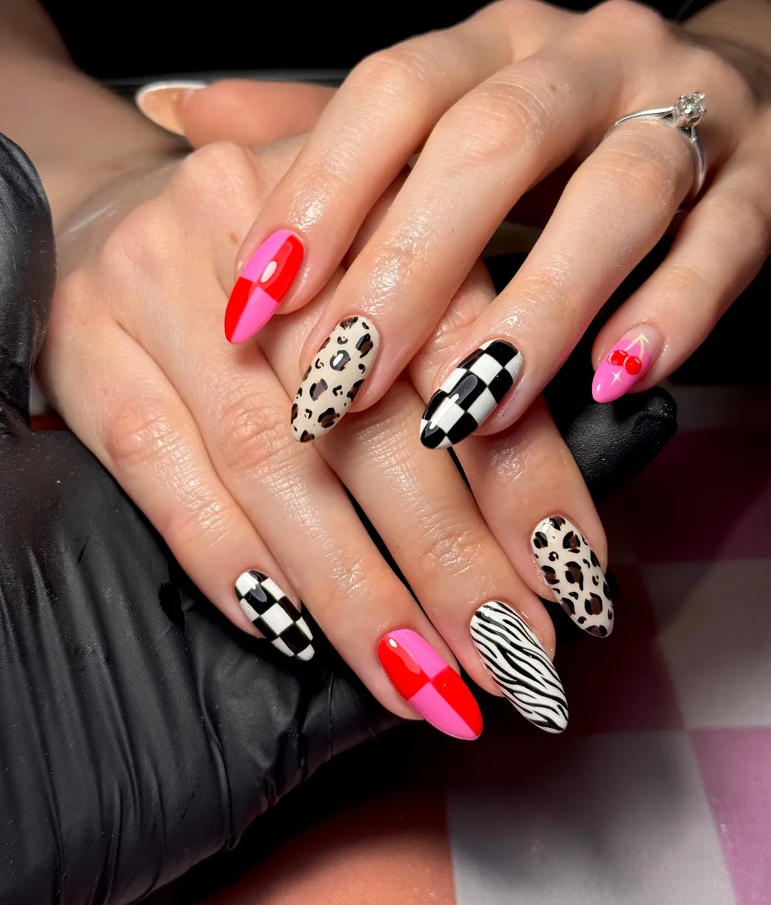 High-contrast mix: checkerboard, zebra, and leopard spots