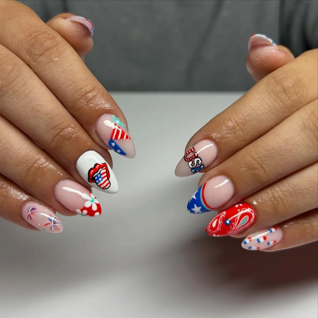 Graphic red-white-blue set with visible text accents